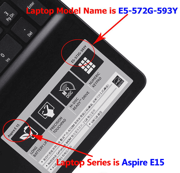 鍵盤上或其附近的標籤查找筆電型號